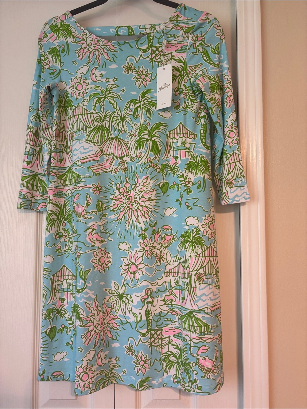 OPHELIA 3/4 SLEEVE DRESS, FRESH WATER BLUE SUNBATHERS BLISS XS